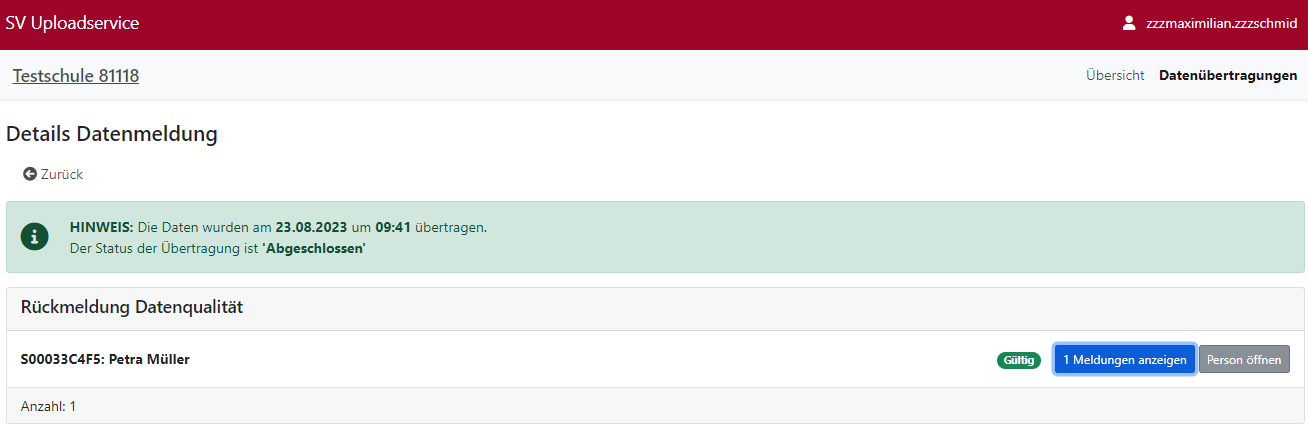 Detailed status of a data transmission