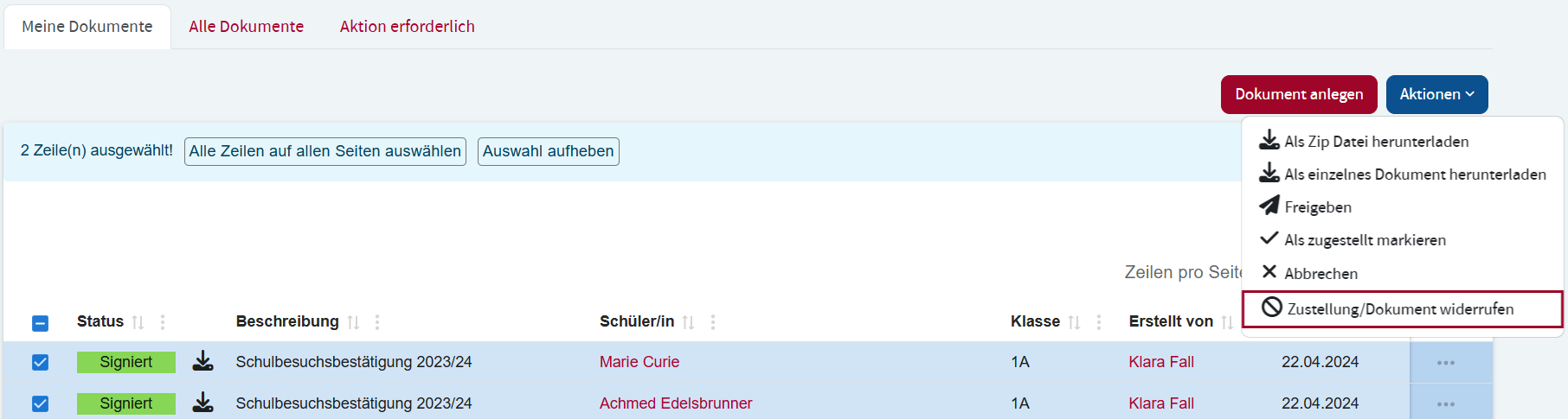 Mehrere Dokumente widerrufen