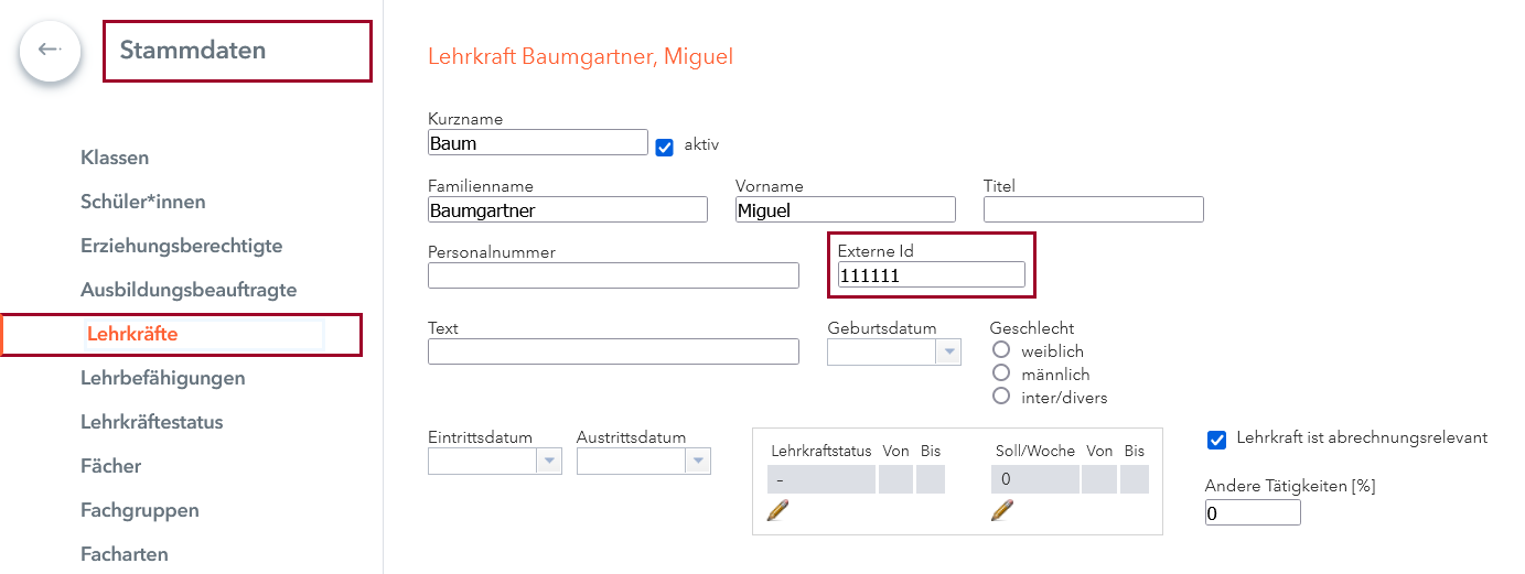 Lehrer/innen - Externe Id