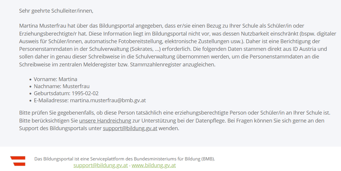 Beispiel für E-Mail mit Antrag zur Datenkorrektur